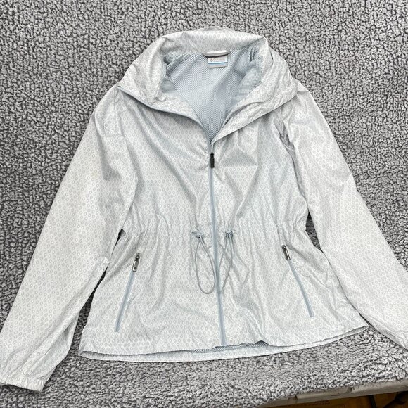 Columbia Hooded Cinched Waist Silver Gray Print Windbreaker Jacket Women's M - Picture 4 of 12